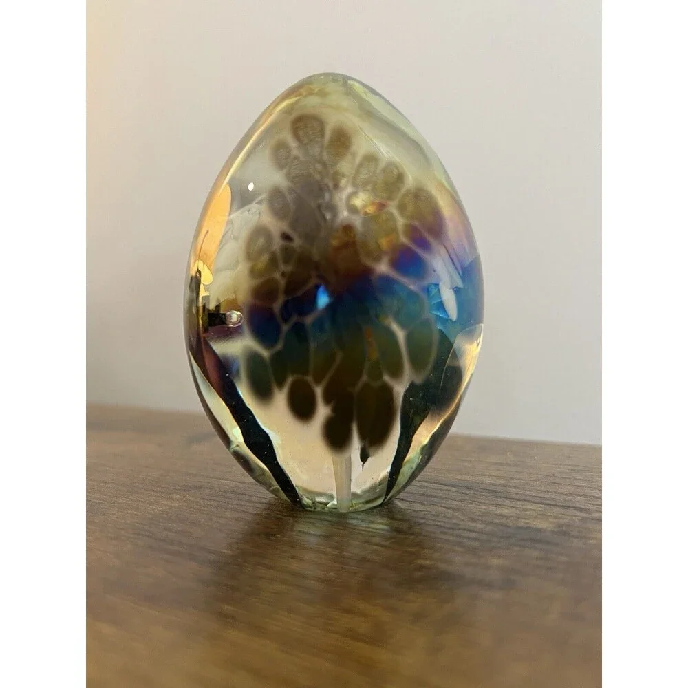 Vintage Metallic Multi Colored Swirl Egg Paperweight White Trumpet Flower
